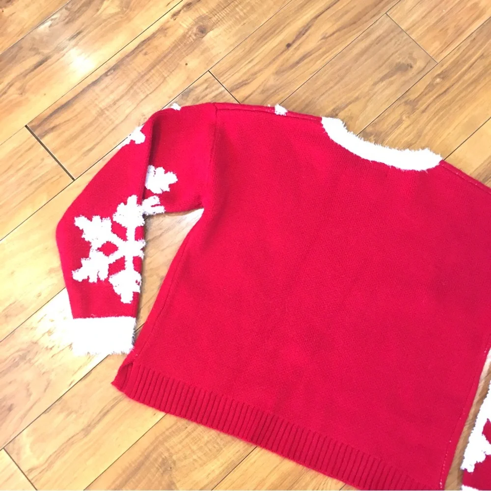 33 Degrees Christmas sweater puffy fabric snowflakes red white cozy small - Picture 7 of 10